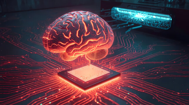 Revolutionary AI brain interface connecting with computer chip for next-generation technology breakthroughs and futuristic innovation on circuit board