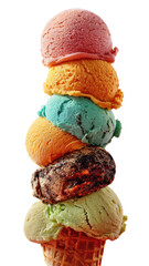Tower of colorful ice cream scoops in a waffle cone