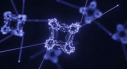 Abstract representation of interconnected nodes forming a network, glowing with blue light against a dark background, suggesting technology or data connections.
