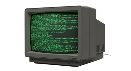 Vintage computer monitor displaying green scrambled text, evoking nostalgia and retro technology