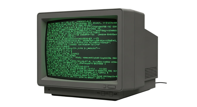 Vintage computer monitor displaying green scrambled text, evoking nostalgia and retro technology