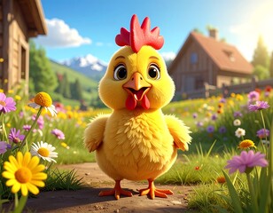 A cute, cartoon-like chick stands on a path in a meadow, surrounded by wildflowers and green grass. Two rustic houses in the distance
