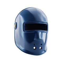 Glossy blue helmet, rectangular viewport, facial vent holes, symmetrical