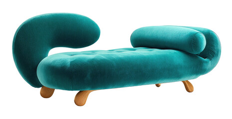 Turquoise velvet chaise lounge with curved arms and wood legs