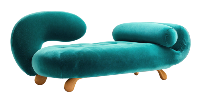 Turquoise velvet chaise lounge with curved arms and wood legs