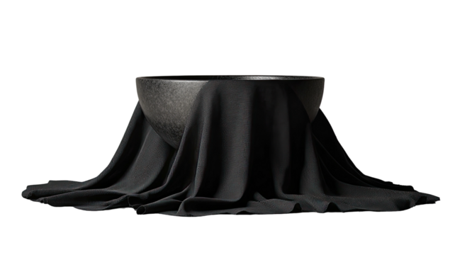 Dark fabric drapes over a curved vessel, isolated on black