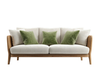 Elegant couch light cushions, green pillows, wood frame on black
