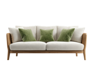 Elegant couch light cushions, green pillows, wood frame on black