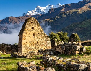 Ancient stone ruins on a grassy field against majestic snowy mountains
