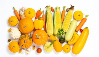 Vibrant yellow and orange vegetable flat lay on white. Fresh autumn harvest mix with pumpkin, corn, and squash. Perfect for healthy food, vegan, or diet concepts.
