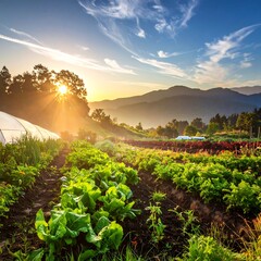 A vibrant sunrise casts golden rays over a lush agricultural landscape, showcasing rows of crops and a greenhouse. Rolling hills in the distance