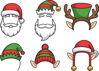 Cartoon Christmas photo booth props collection including Santa hats, elf ears, beards, and reindeer antlers, festive holiday party decoration illustration