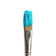 Paintbrush bristles laden with bright turquoise paint, dark background