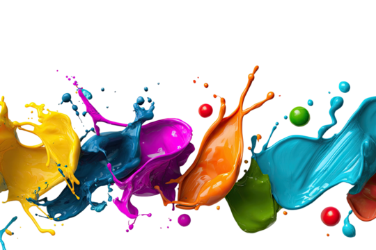 Vivid paint splashes in an energetic array against a stark black backdrop