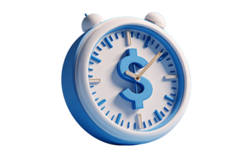Time is money alarm clock concept in blue and white 3d render illustration.