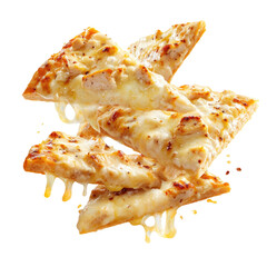 Cheesy chicken flatbread wedges stack, isolated on black background