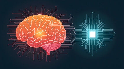 Artificial intelligence concept showcasing human brain connected to computer circuit, representing machine learning and future tech innovation