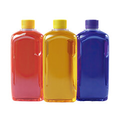Three liquid-filled bottles in red, yellow, and blue hues, side-by-side