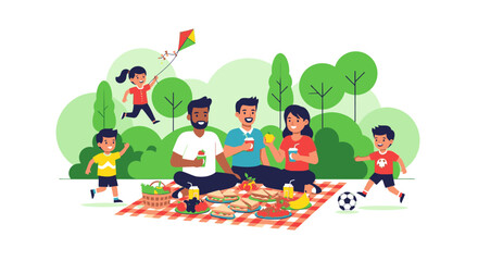 A happy family enjoys a picnic in a park with food, drinks, and a kite.