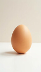 A single brown chicken egg standing upright on a smooth white surface.