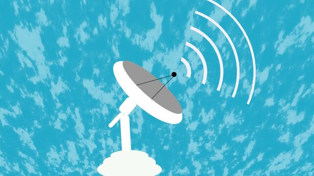 Satellite Dish Broadcasting Signals Against a Cloudy Sky animation Background antenna communication. Animated satellite dish sends signals over cloudy sky creating sleek and engaging antenna .