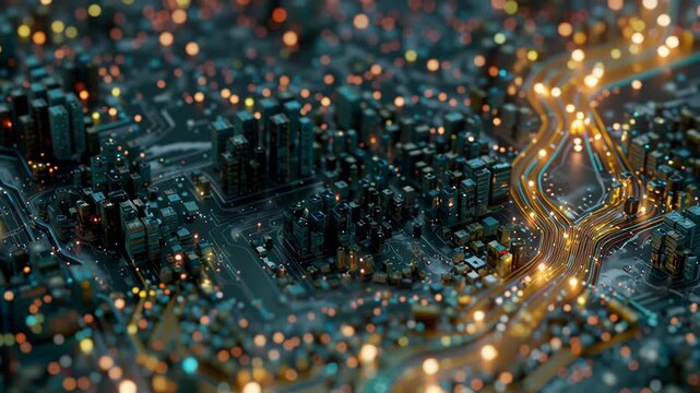 A cityscape with a street light shining brightly. Macro shot digital waste routing optimization visual metaphor subtle within micro urban system, digital city ecosystem