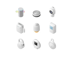 Collection of white isometric electronic devices isolated on transparent background