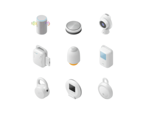 Collection of white isometric electronic devices isolated on transparent background