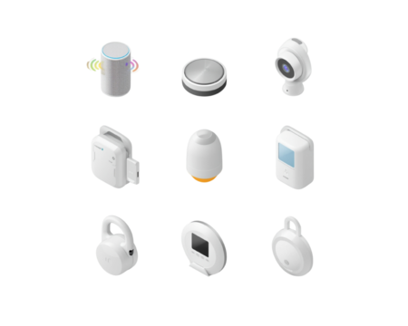 Collection of white isometric electronic devices isolated on transparent background