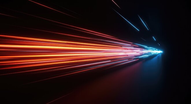 Dynamic abstract illustration of speed and kinetic energy transfer, represented by glowing trails of light rapidly traversing a dark, infinite void ,vector ,power ,force