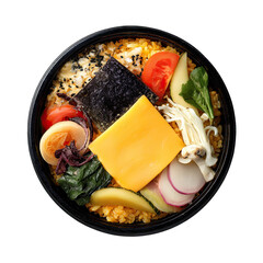 Bento box filled with diverse foods on black. Overhead shot