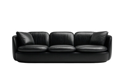 Sleek black leather sofa with plush cushions against a dark backdrop