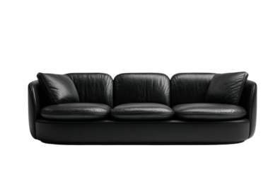 Sleek black leather sofa with plush cushions against a dark backdrop
