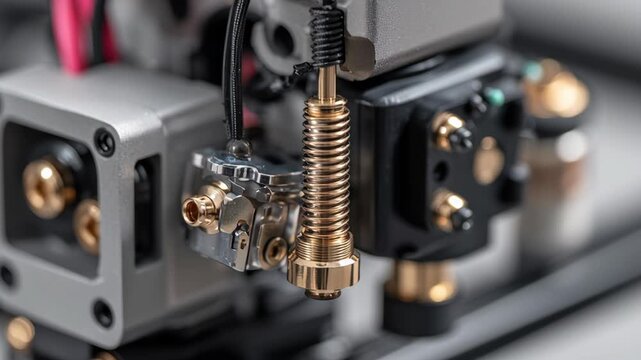 A small part of a machine with a gold screw. The screw is attached to a wire. Macro shot flexible servo horn connection robotic education kit slow precise rotation design, robotic education kit