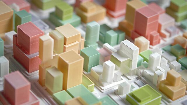 Macro shot interlocking land use program blocks, housing + retail + public amenity symbolic blend, minimal modern, mixed use urban project