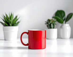 Red mug on white surface, surrounded by plants