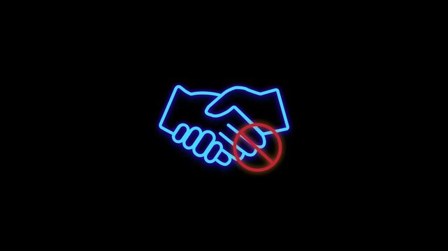 No Handshake Neon Sign on Black Background Concept of Social Distancing and No Contact.