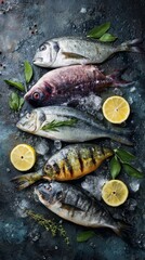 Top view of multiple fresh whole fish with herbs and lemon slices on dark stone surface, moisture and ice texture visible, professional food styling, 8k realistic detail, copy space