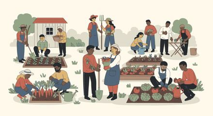 Diverse group of people of various ages and ethnicities working together in a community garden, planting and harvesting vegetables.