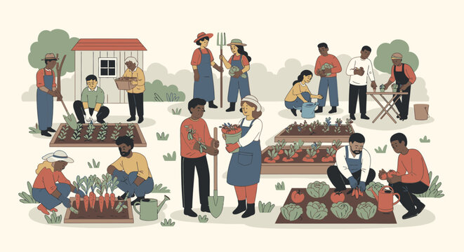 Diverse group of people of various ages and ethnicities working together in a community garden, planting and harvesting vegetables.
