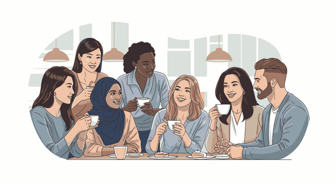 Diverse group of people enjoying coffee together in a cafe.