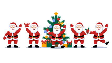 Cheerful Santa Claus figures celebrating Christmas with presents near tree
