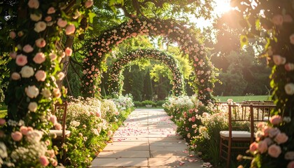 Pathway to a ceremony, adorned with floral arches. Sunlight streams through trees, creating an ethereal glow. Chairs line the path