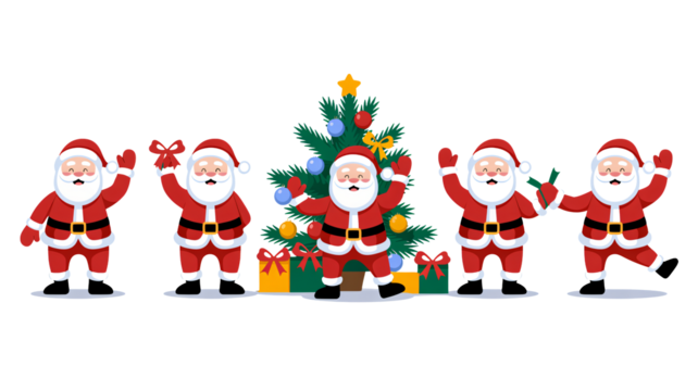 Cheerful Santa Claus figures celebrating Christmas with presents near tree