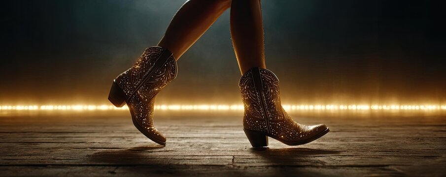 Women dancing in cowboy boots on wooden floor concept. A captivating view of sparkling boots on a dimly lit stage.