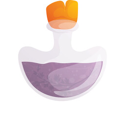 Glass Potion Bottle With Purple Liquid And Cork Stopper With Orange Top Detailed With Leaves And Swirls Isolated On Transparent Background