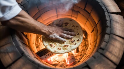 Chef's Hand Placing Fresh Naan Bread into a Fiery Traditional Tandoor Clay Oven