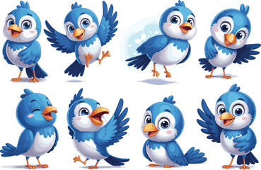 Cute cartoon blue bird character set showing different emotions and actions, funny animal mascot illustration collection for animation design