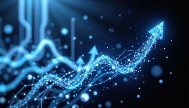 Abstract Visualization of Data Growth with Blue Arrow and Connecting Lines in a Digital Universe