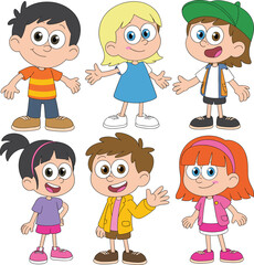 Cute cartoon group of six diverse children characters smiling and posing happily, colorful illustration of cheerful kids showing friendship and joy